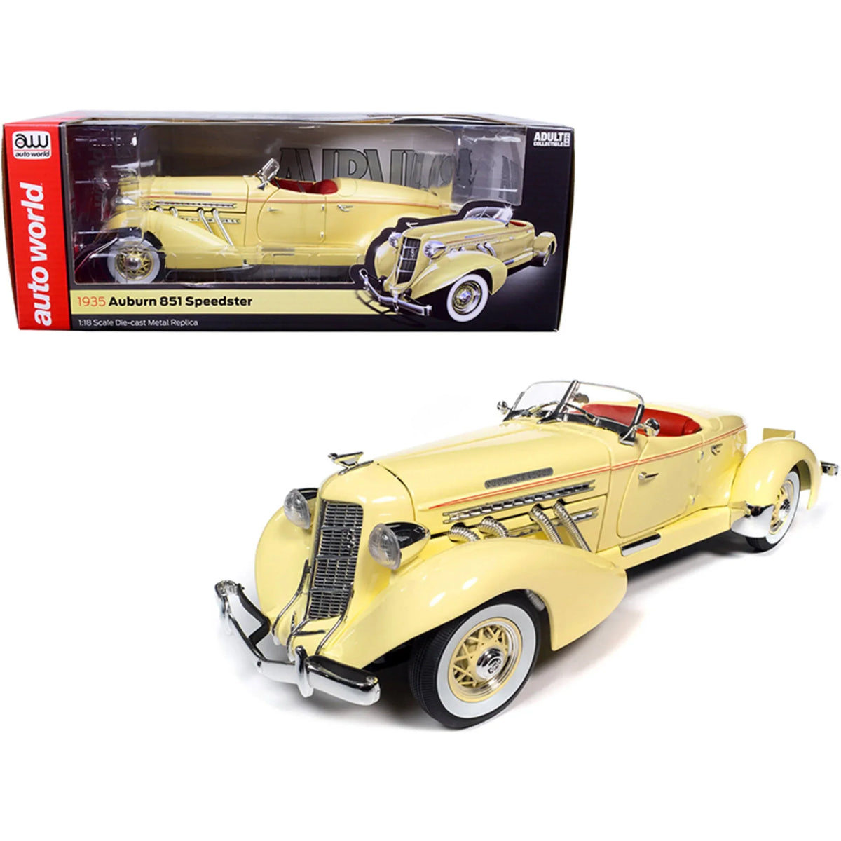 Diecast Car, Auburn Autoworld Red with Model 851 Speedster 1935 Cream AW297 1-18