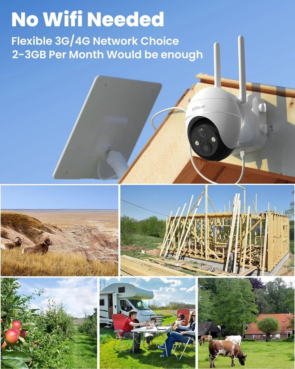 Wireless, Solar 360° Color Camera Cellular SD WiFi Powered, Vision, No Card 3G/4G Camera, LTE Night 2K Included Surveillance PTZ, Outdoor, SIM&64GB Security QHD,