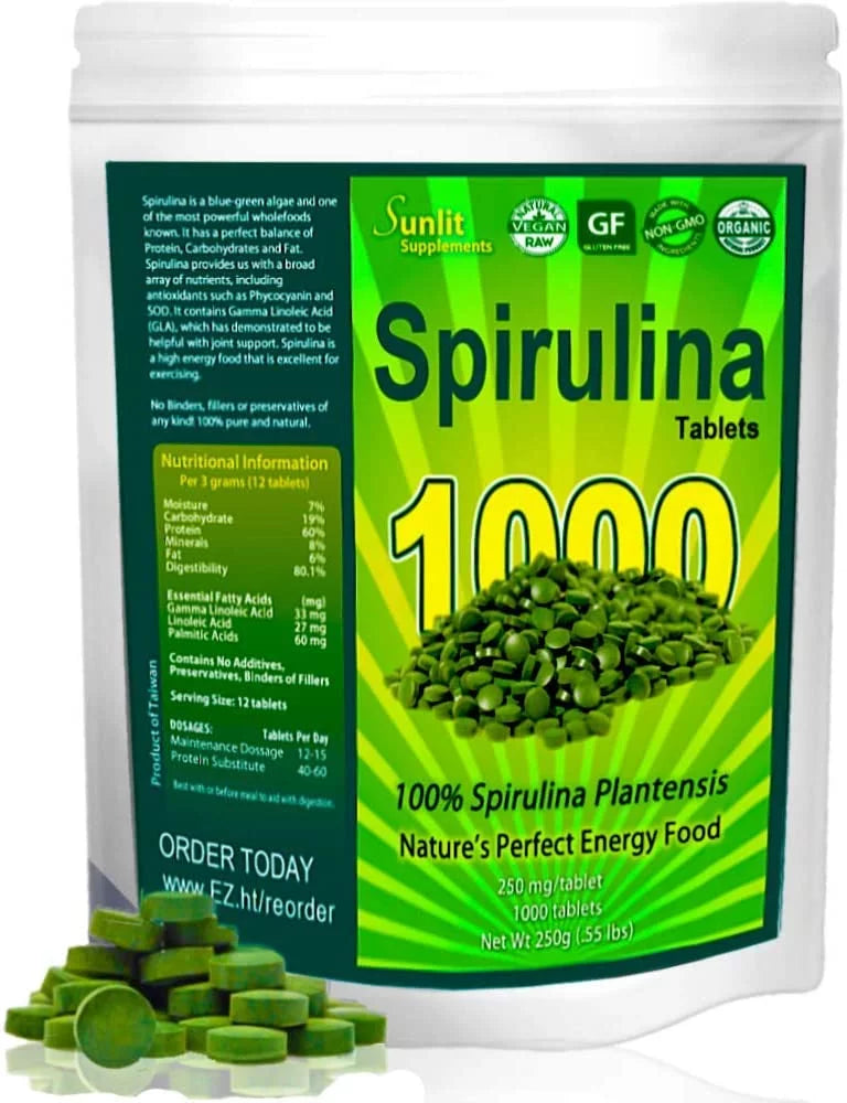Non Gut 1000 USDA Tablet Drink Health Tablets Organic Supplements Chlorophyll, for Superfood Vegan & Sunlit Natural with Greens Best & Support, - Energy Tab - Protein GMO, Spirulina High Super Immune