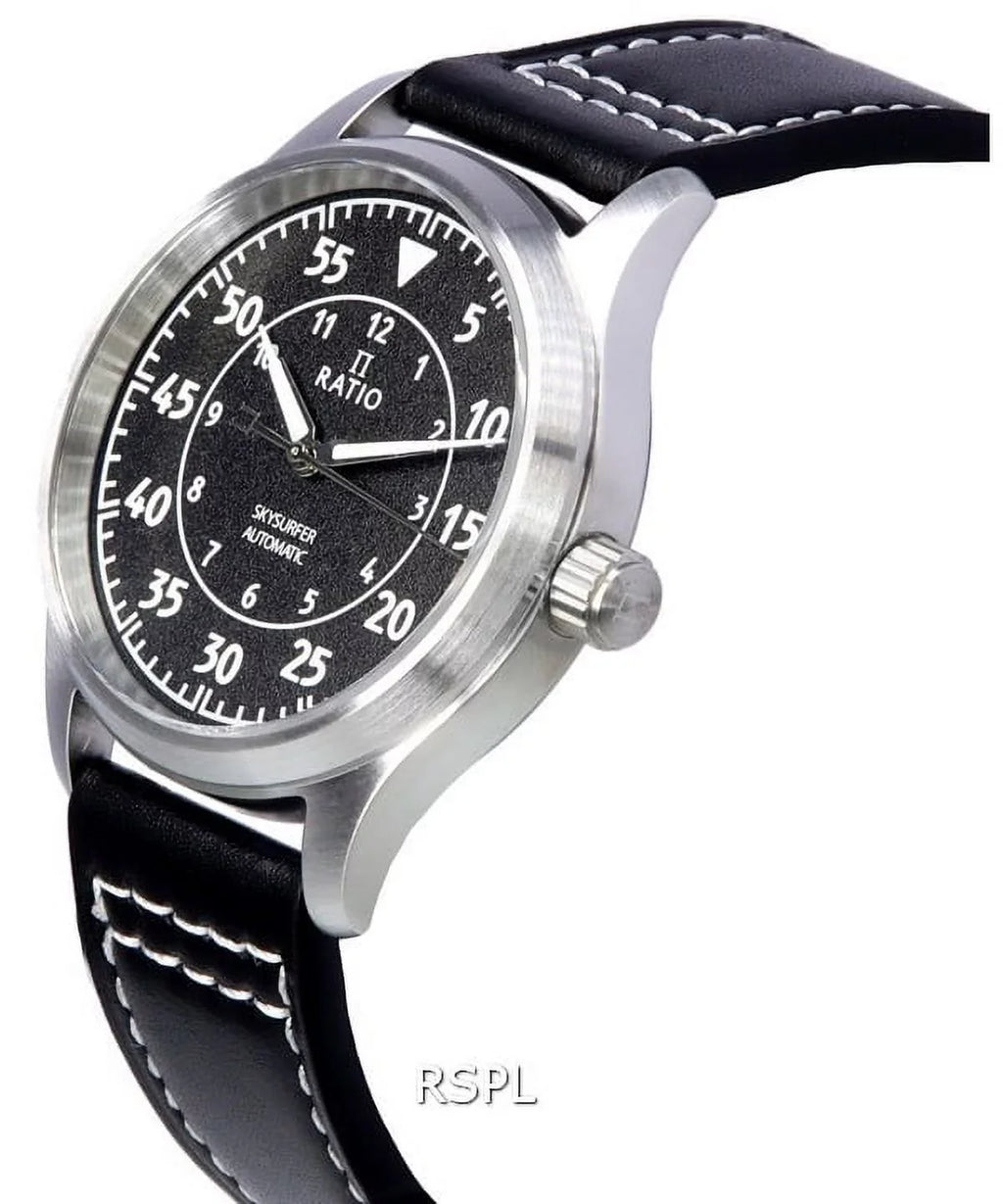Automatic Men's Dial Textured RTS320 200M Pilot Ratio Leather Watch Black Skysurfer