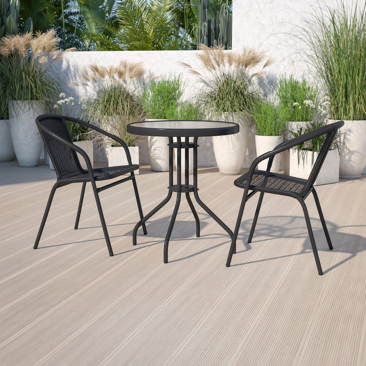 Metal 23.75"W 23.75"D x Table 28"H 23.75"D x Chairs Round 23.75"W with Rattan x Glass Flash 23.75" Furniture - Stack - 28"H x 2