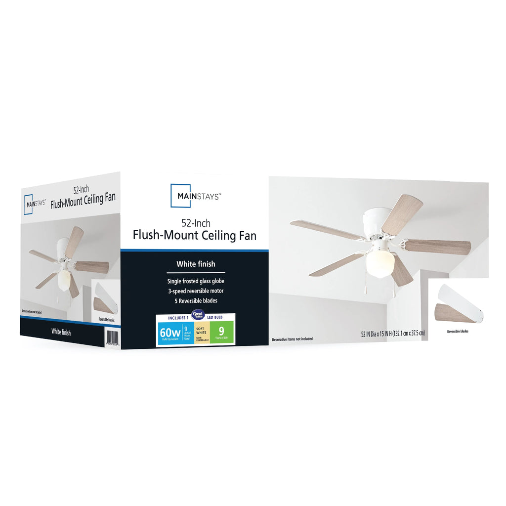 with Indoor Airflow Fan Mainstays Light Hugger 52 Kit, White, Blades, 5 Reverse inch Ceiling