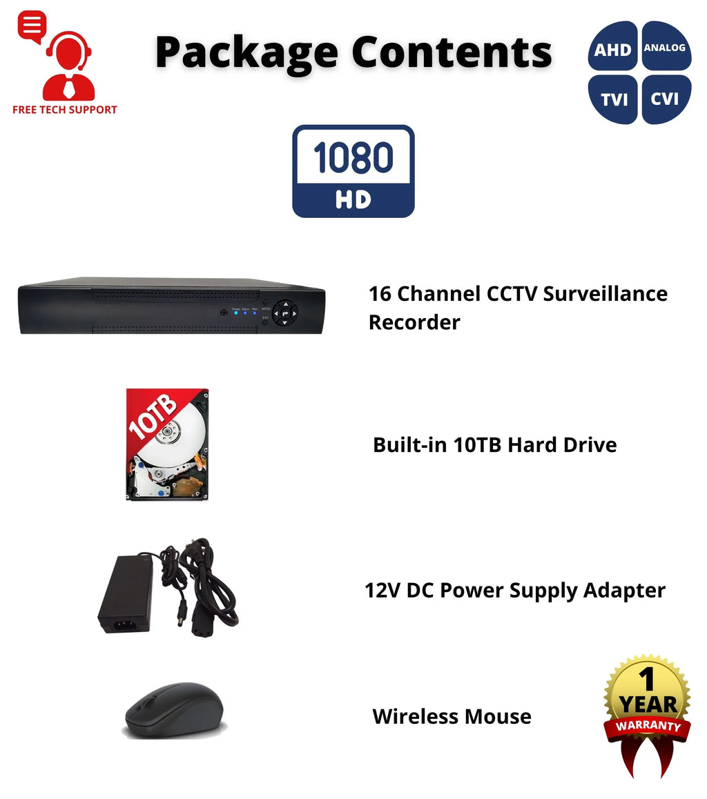H.265 Drive Emile CCTV 4-in-1(TVI/AHD/CVI/CVBS) Evertech Recorder, Detection Alerts DVR Camera Motion Channel with 16 Access, Hybrid 10TB Surveillance & Easy Remote Hard