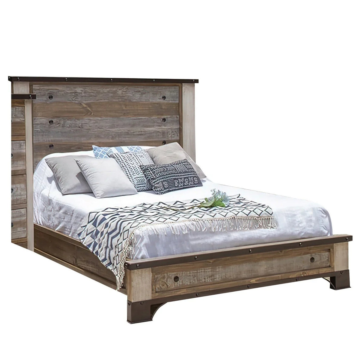 Wood Size Nailheads, King Multicolor Round Black Brown Benjara Distressed Fena Bed,