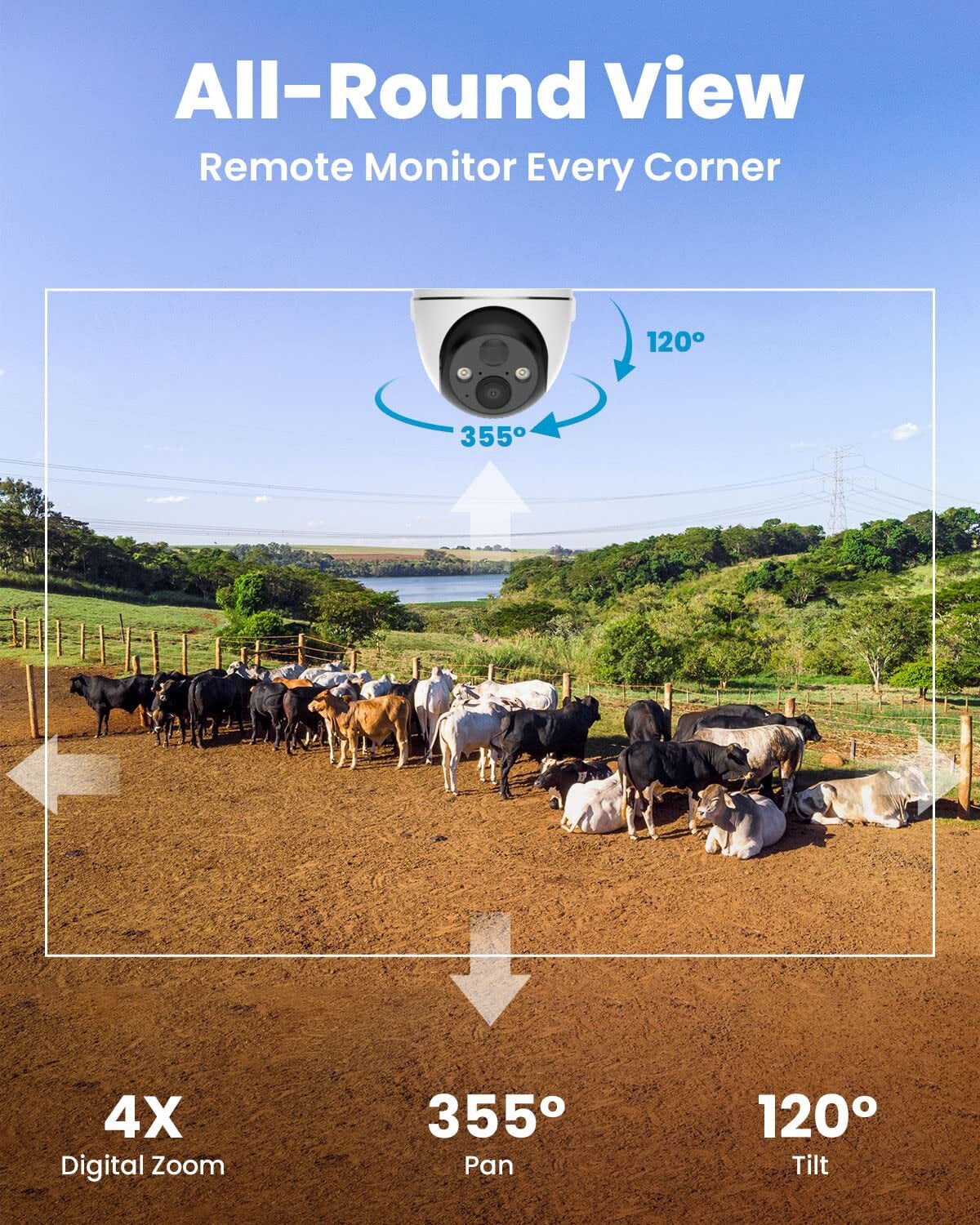 Wireless, Solar 360° Color Camera Cellular SD WiFi Powered, Vision, No Card 3G/4G Camera, LTE Night 2K Included Surveillance PTZ, Outdoor, SIM&64GB Security QHD,
