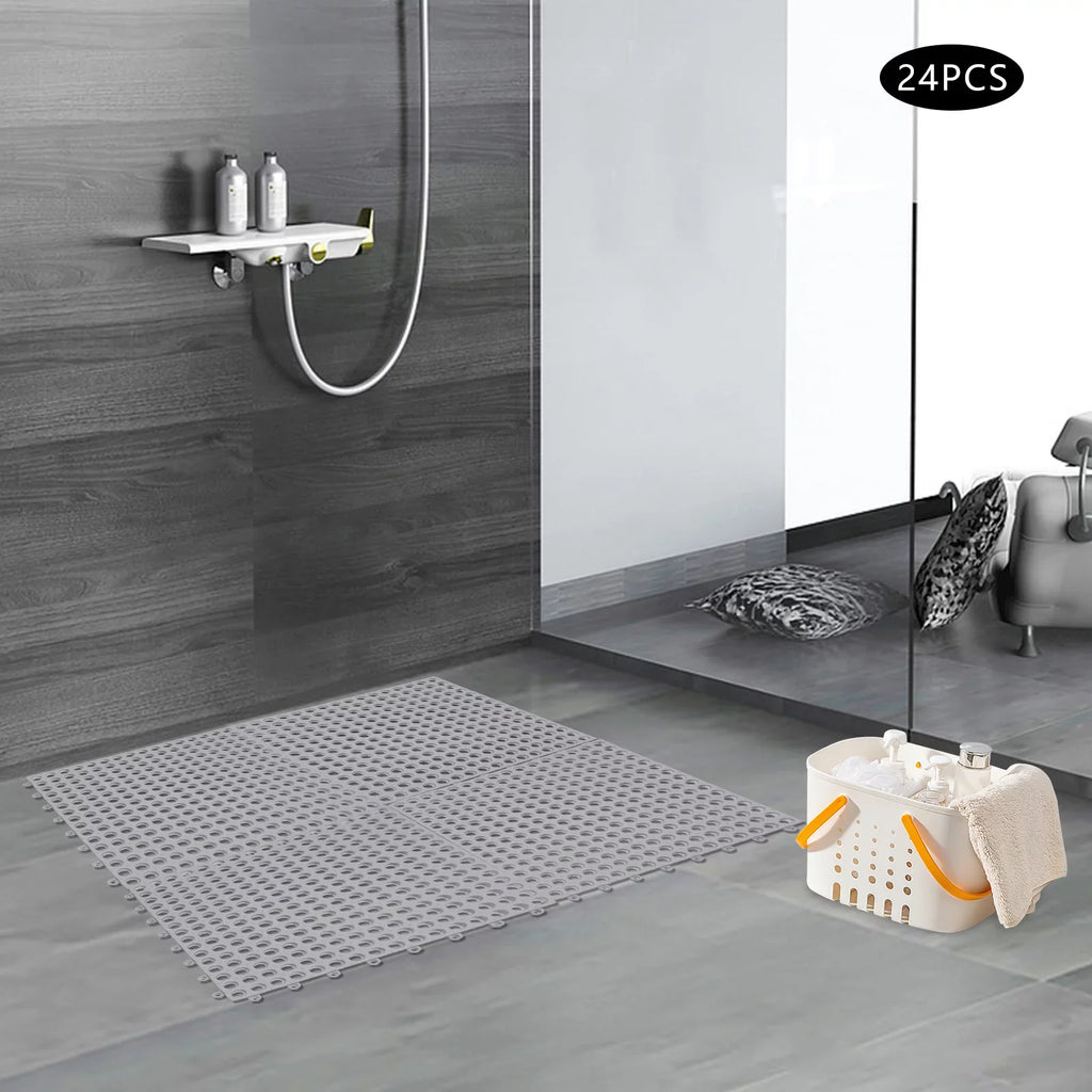 Nonslip 24PCs 11.8*11.8" Shower Bath Mat,Soft Gray Kitchen, Mat Bathroom, with PVC Pool Drainage Holes for Interlocking Floor