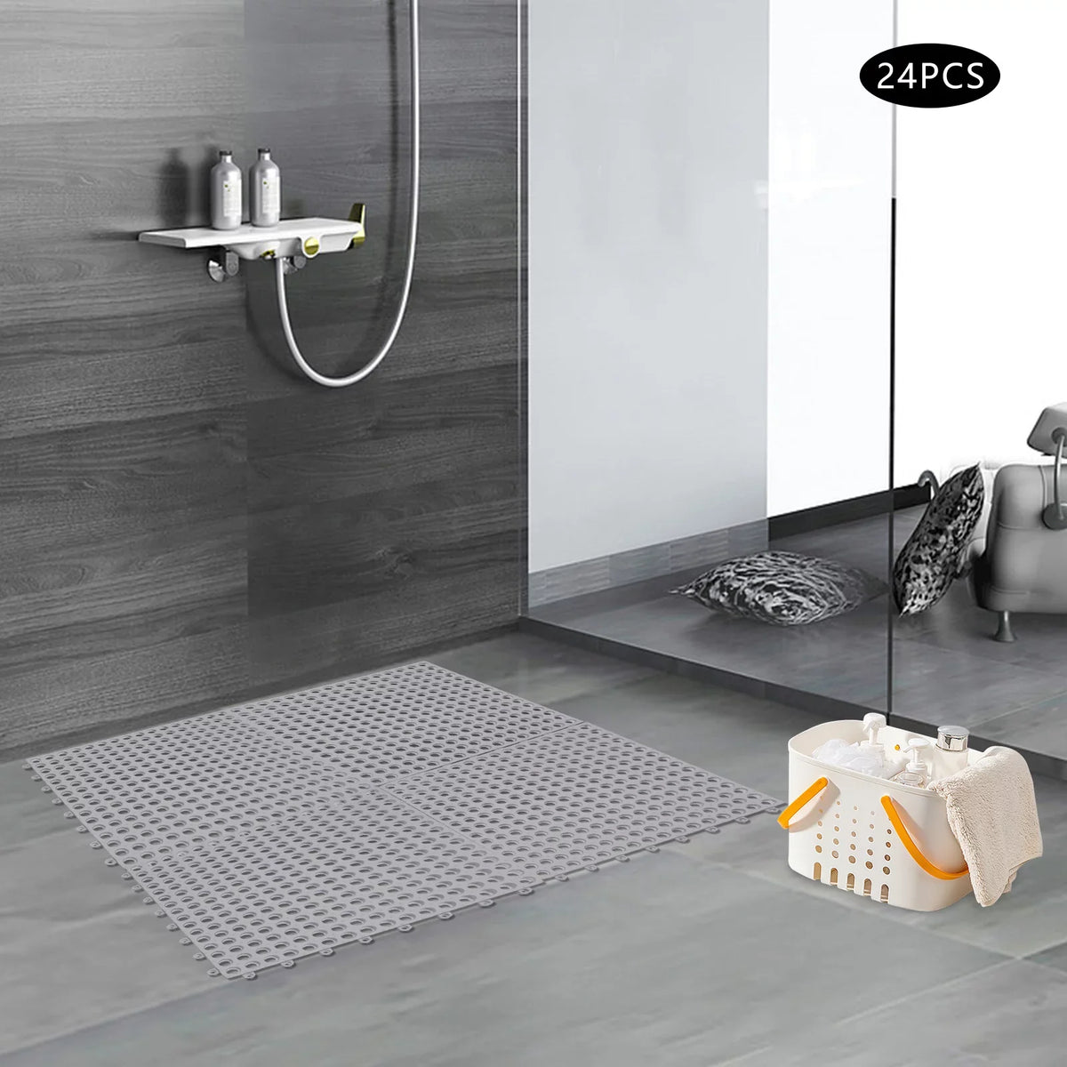 Nonslip 24PCs 11.8*11.8" Shower Bath Mat,Soft Gray Kitchen, Mat Bathroom, with PVC Pool Drainage Holes for Interlocking Floor
