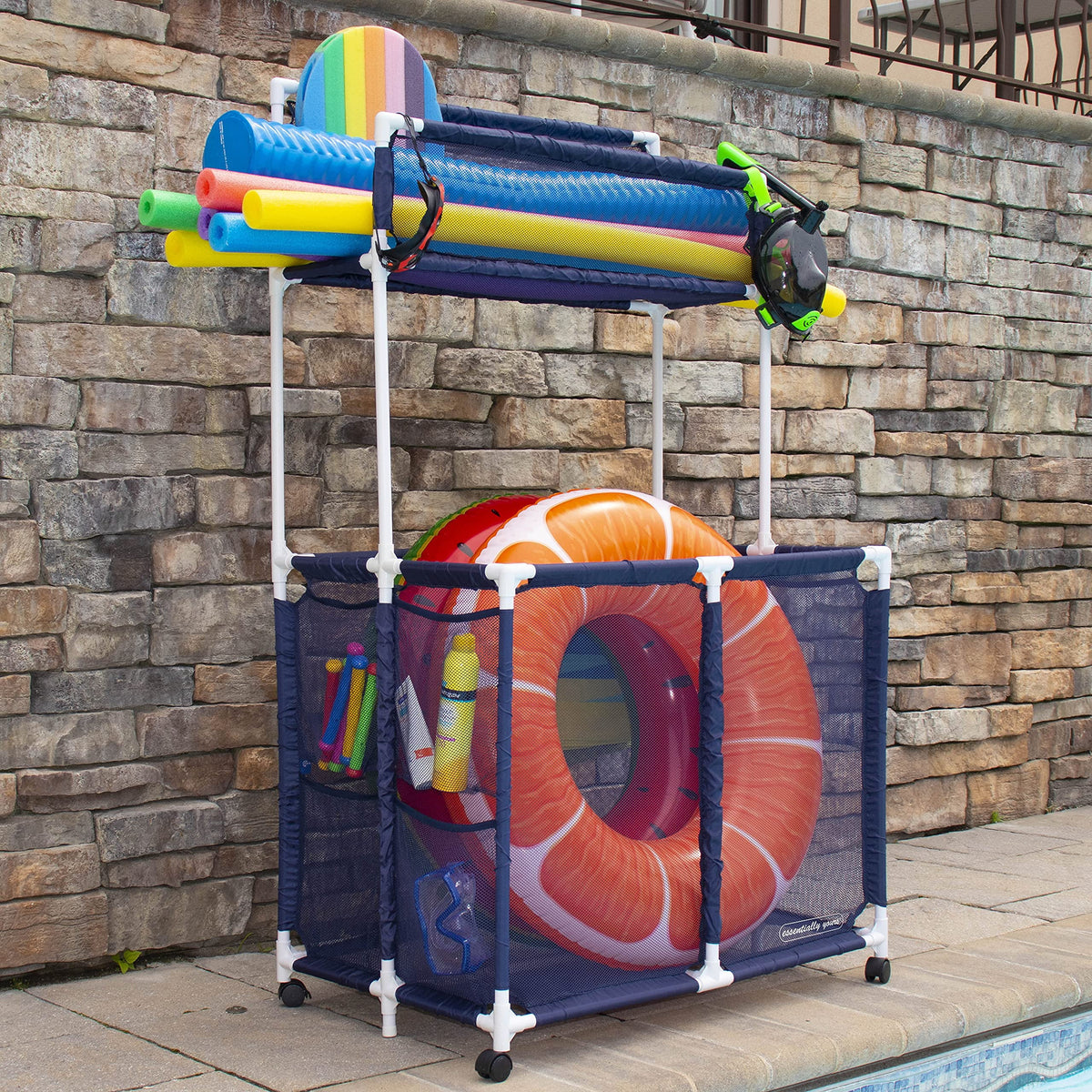 Double Noodle x Pool Storage Large x Essentially with Yours 35.3" and Rack, Balls 59.4" L Noodles, W Brown Floats Bin, Organizer Toys, Mesh Decker Holder - H), (23" Rolling Equipment