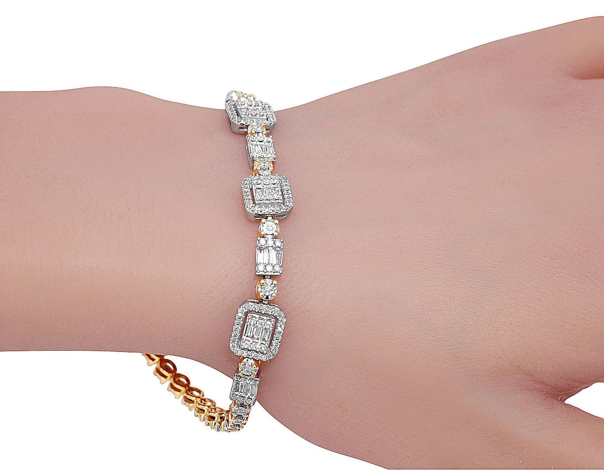 CT Baguette Cluster Diamond n 1.30 7" Set Halo Bracelet 3MM Yellow-White Gold Illusion Toni