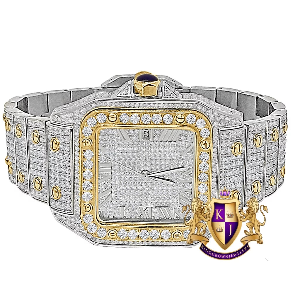 Finish Out Watch Iced Solid Date Roman Custom Gold Steel Movement Men's Two Tone Dial Handmade Stainless Automatic Luxury Face