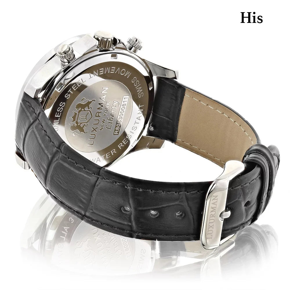 Leather Band and Watches Diamond His Swiss Hers w MOP Black White Mvt Real Matching