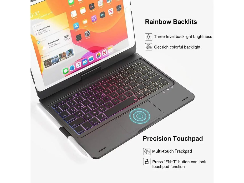 Gen inch and Keyboard 8th 3 9th 2019 Pro Air / Gen for case Touchpad Backlit Holder 2021/ Keyboard 7th Pencil Gen iPad with 10.2 2020/ 10.5, Rotatable iPad