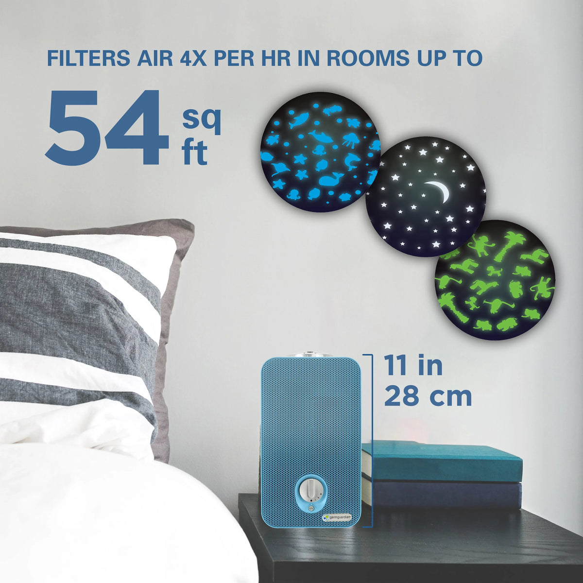 54 Light Sq. Filter, with Night ft., UV-C, HEPA Projector, Purifier AC4150BLCA GermGuardian Air