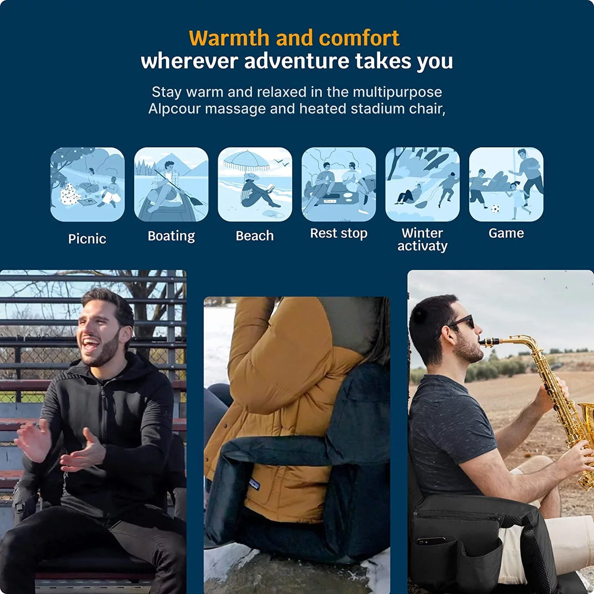 Seat Chair Heated Back Wide X-Wide Stadium Extra - Reclining Alpcour with Black Waterproof Support Thick Massage -