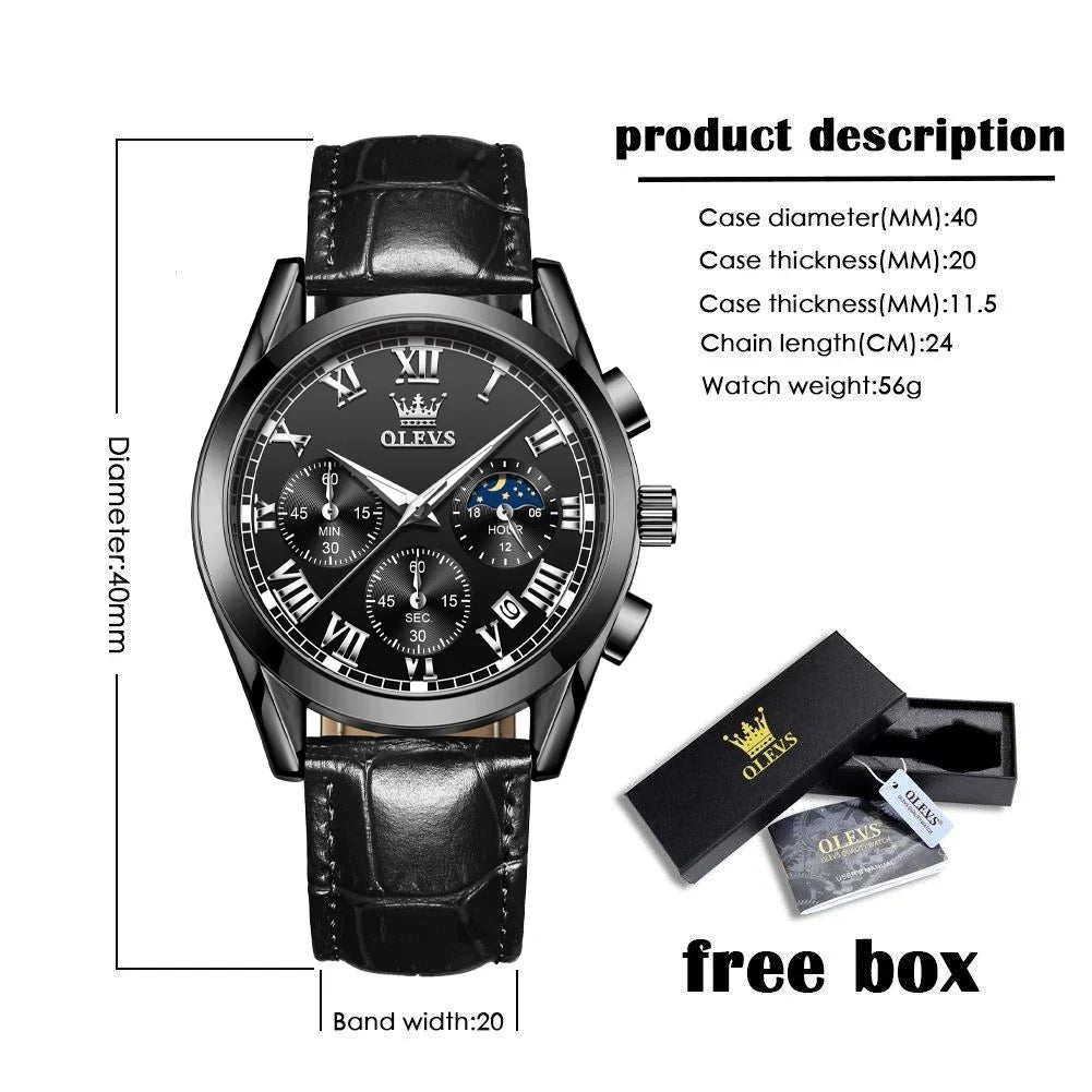 Watches Business Male for Reloj, with Watches Sports Mens Luxury Analog Luminous OLEVS Quartz Men Classic Strap Leather Wristwatch Waterproof Chronograph