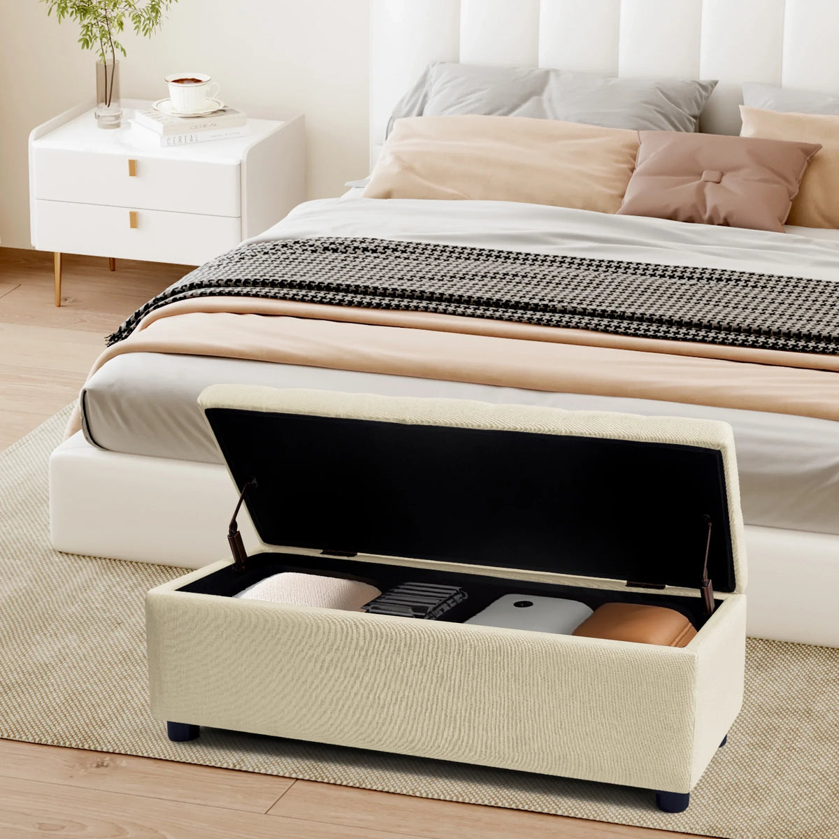 with Plastic Bench of Stool Beige Storage Linen Foot Fabric Storage with 40.5" Bed Legs Ottoman Pads, for End Sturdy Bedroom, Bench Subrtex