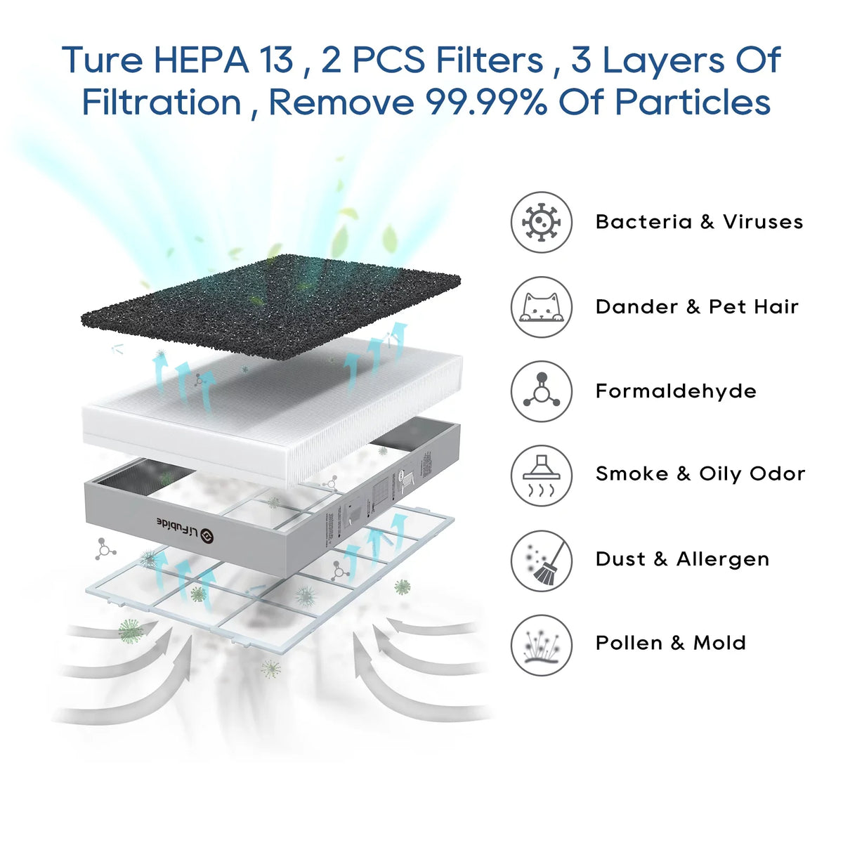Purifier, For Air Particles, Monitor, Purifier Air Smart Room PM2.5 Pet Removal Of True Low Noise Large Lifubide 99.99% HEPA,4555 Coverage,24dB Microns Bedroom, 0.01 Sq.Ft H13 Dander、Smoke、Odor、Dust，