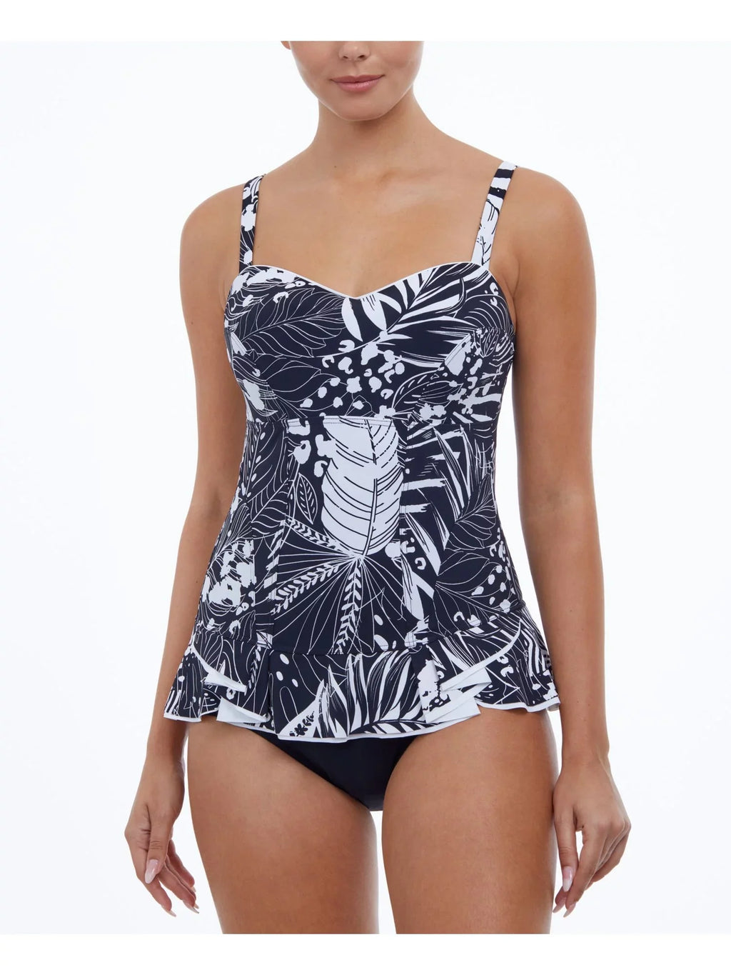 Print Swimdress Adjustable Control Tropical Black PROFILE by Stretch Marbella Women's Fixed Sweetheart GOTTEX 8 Neck Ruffled Tummy Cups