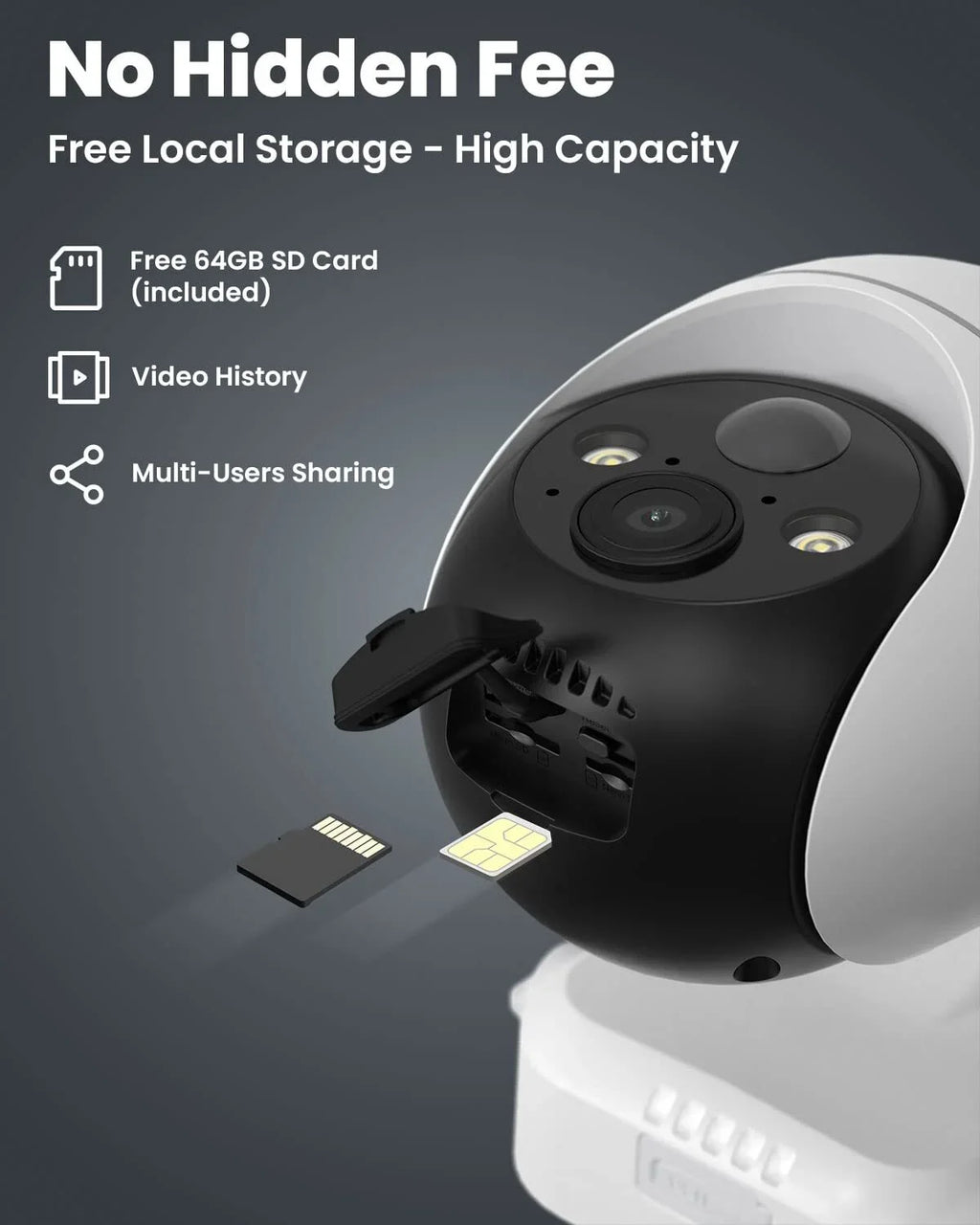 Wireless, Solar 360° Color Camera Cellular SD WiFi Powered, Vision, No Card 3G/4G Camera, LTE Night 2K Included Surveillance PTZ, Outdoor, SIM&64GB Security QHD,