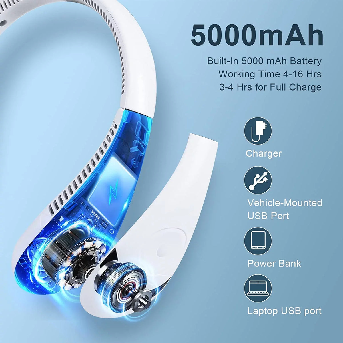 Morttic Outdoor Free Travel Degrees Cooler Fan Fan Rechargeable Wearable mAh 5000 360 Fan Speeds, Airflow Portable Personal for (White) Foldable Perfect USB Hands Fan Sport Neck Fan, Bladeless 3
