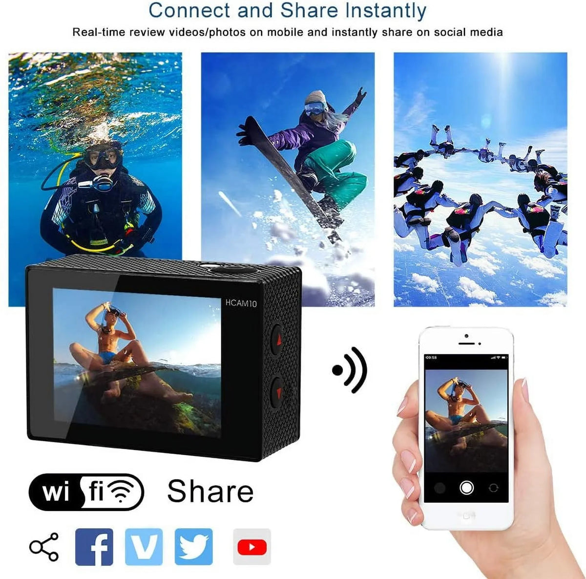 HD Waterproof Sports 4K Camera Camera Vlog Case Accessories Kit Underwater with Remote Camera with Wide Charger WiFi Lens Angle Mount for Outdoor with Video Battery Action