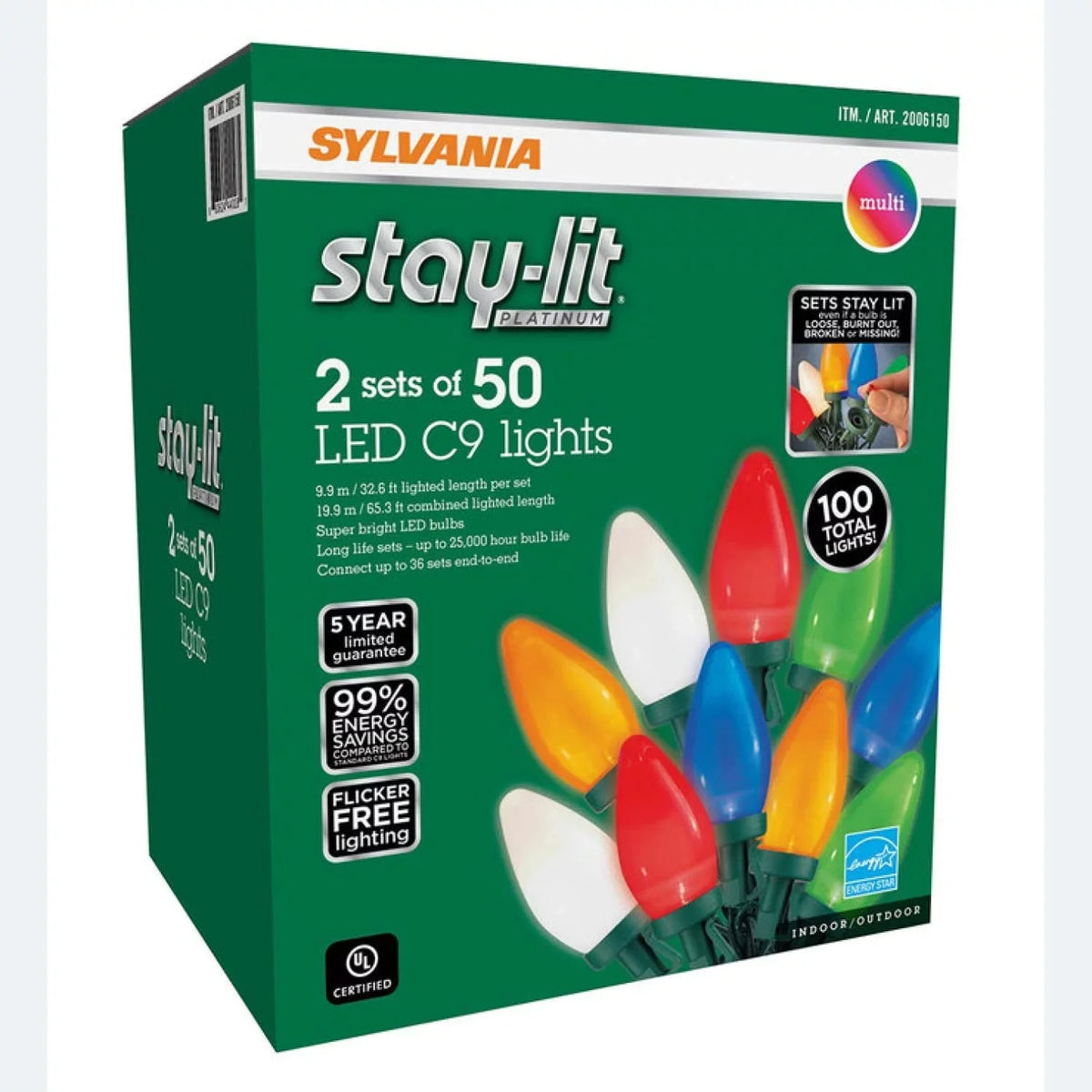 of Sylvania Indoor/Outdoor / C9 Lights Christmas 50 32.6 Length LED m 9.9 Sets String 2 - Stay-lit Lights. Platinum ft Each Lights