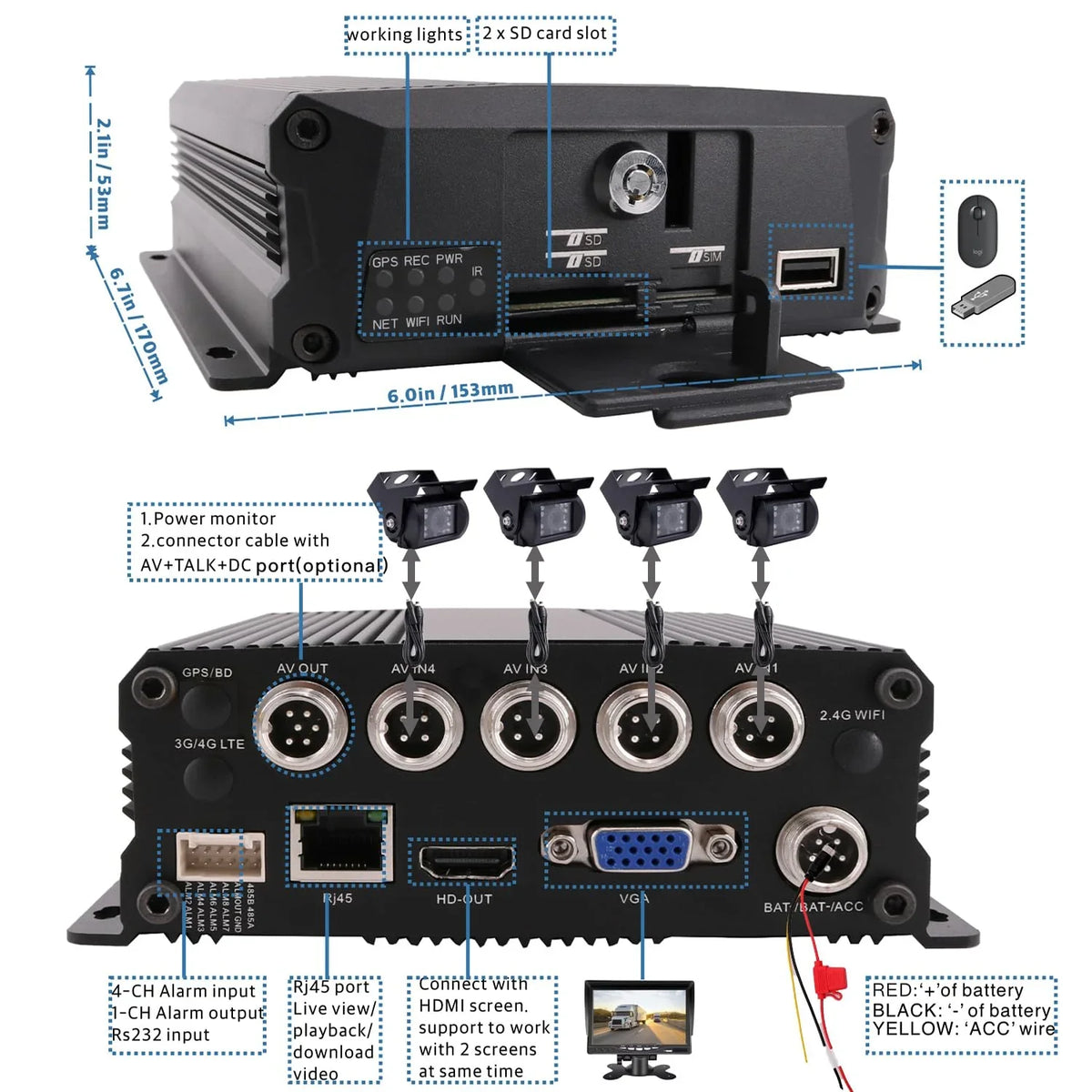 Recorder Car AHD Car Side Vehicle Vision 2.0MP H.264 Kit Waterproof Rear 10 with Night JOINLGO View Screen MDVR Camera 1080P inches Channel 4 Front Video Mobile DVR
