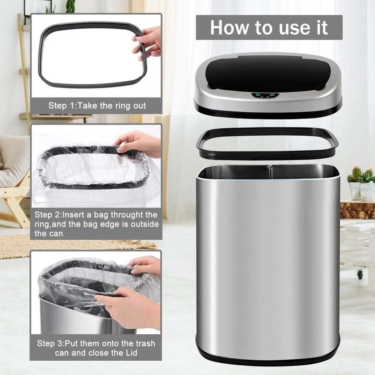 Automatic Trash Gallon Waste Steel Lid, Stainless with Motion Home, Mute 13 Office Garbage Designed Can Anti-Fingerprint Can Kitchen for with NiamVelo Sensor, Silver Bin & Touch-Free