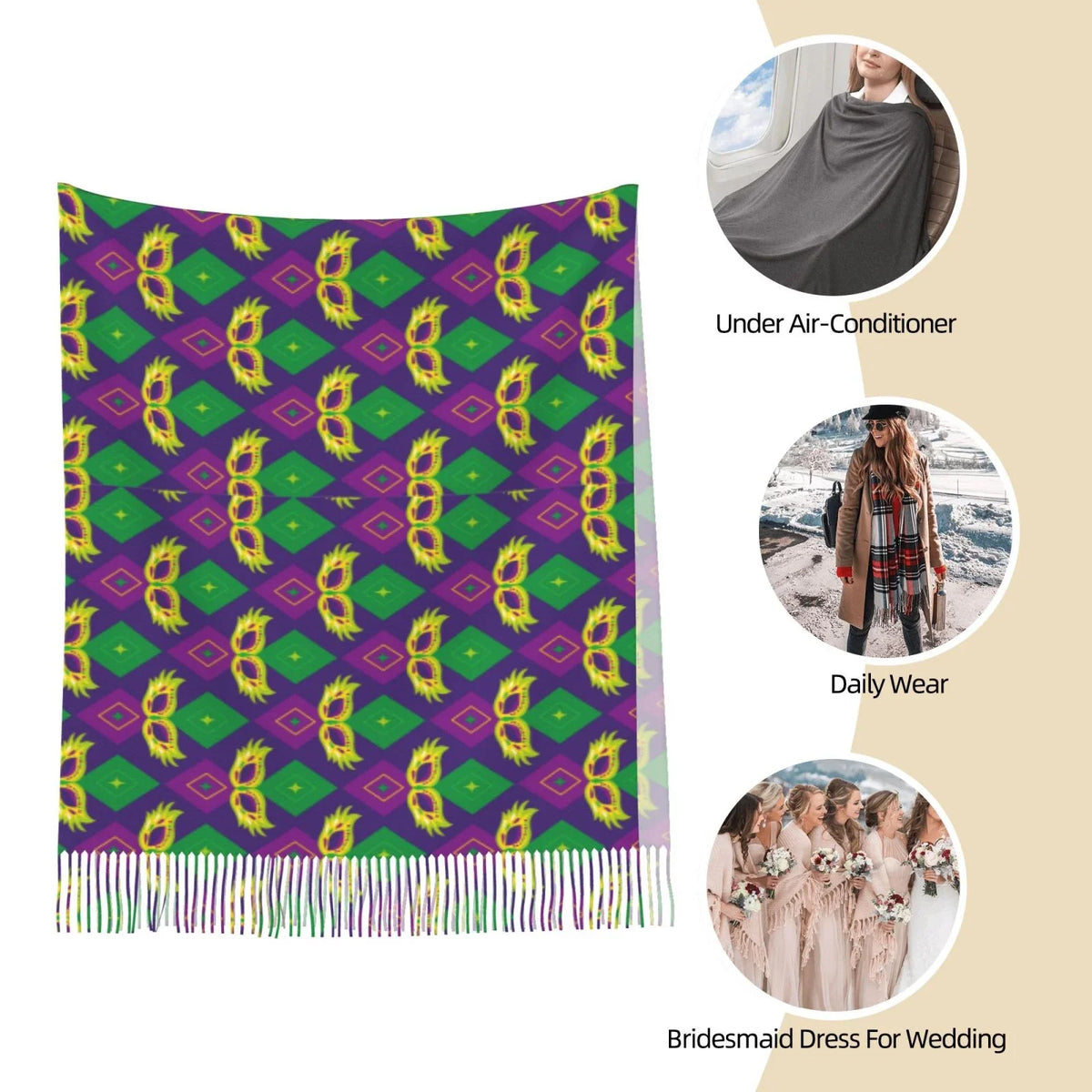 Elegant For Women Print Gras Art Soft Gifts- Mardi Bingfone Feel Cashmere Carnival3 Scarf Scarves Warm Large Winter Wrap Shawl
