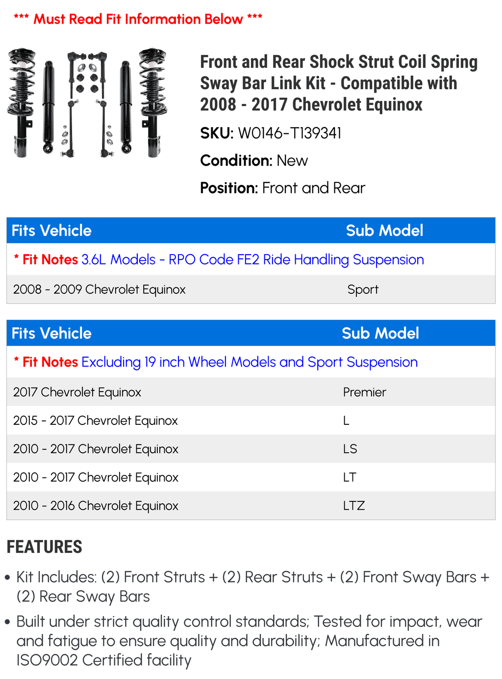 8 Piece Shock and Rear 2017 Strut (Models Sport Only) 2009 2008 Bar - Compatible without with - Equinox Chevy Wheels Coil and 2012 Front Suspension Link and Kit - Spring Sway 19 2010 2011 Inch