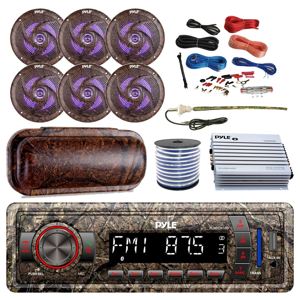 LED Elite 6.5" Pyle Install Camouflage Radio, Bluetooth AM/FM Wire, Series 6x Stereo Waterproof Amp Enrock DIN 50 Antenna, AUX Kit Marine MP3 USB Cover, Ft 18-G Camo 4-Channel Speakers, Amplifier,