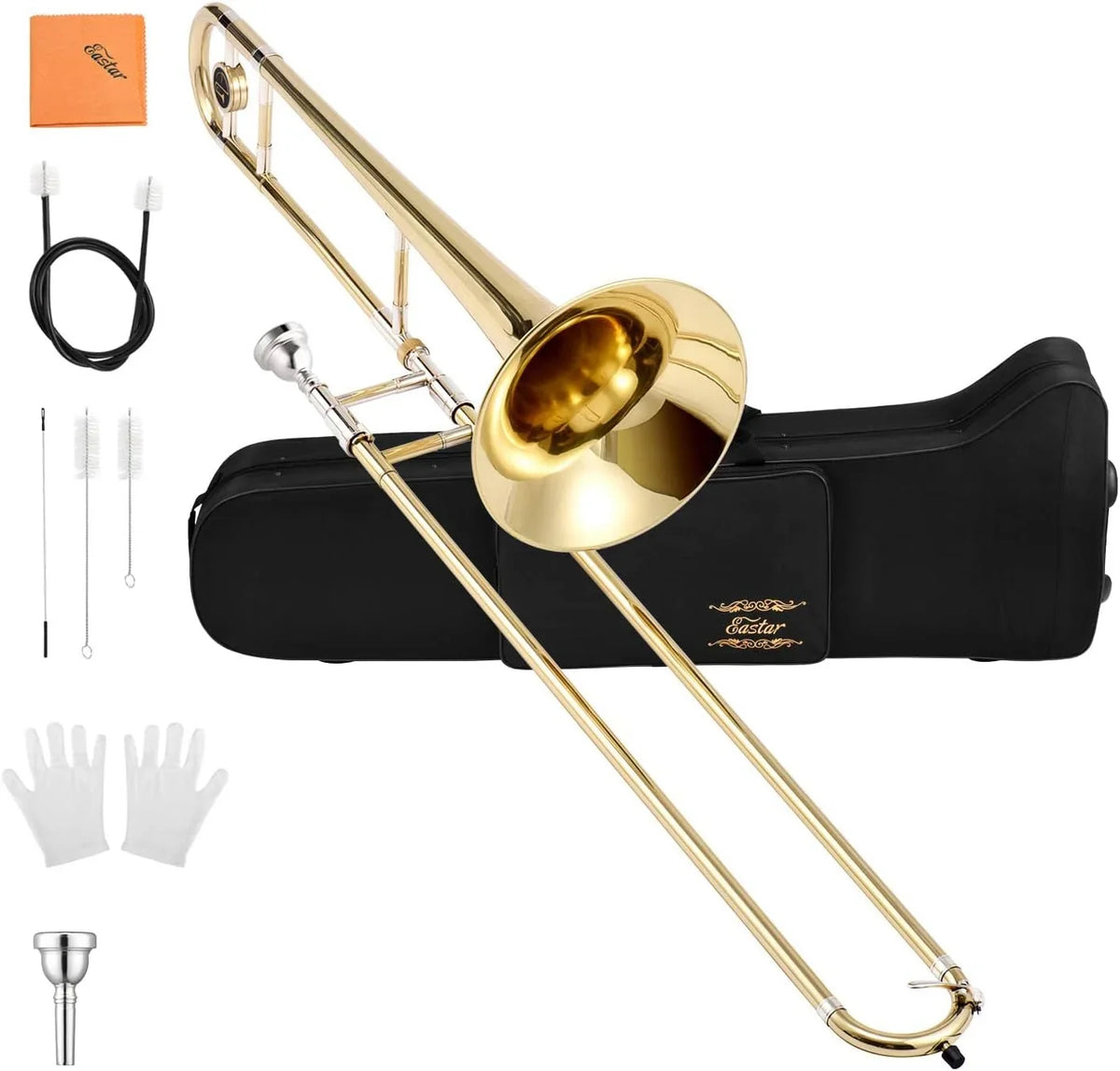 Kit, Tenor Instrument, Mouthpiece, for Flat Gold White Cleaning Gloves, B Bb Beginners Case, with Brass Trombone Eastar Students