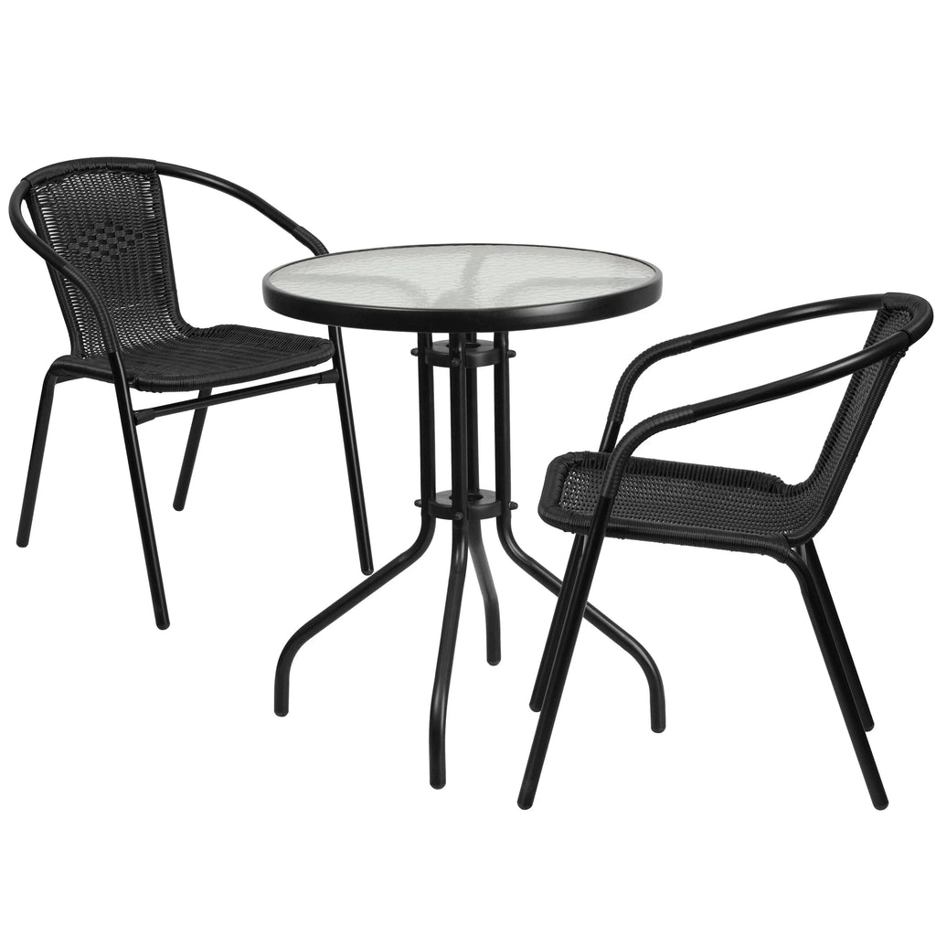 Metal 23.75"W 23.75"D x Table 28"H 23.75"D x Chairs Round 23.75"W with Rattan x Glass Flash 23.75" Furniture - Stack - 28"H x 2