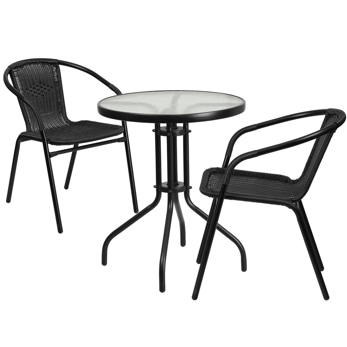 Metal 23.75"W 23.75"D x Table 28"H 23.75"D x Chairs Round 23.75"W with Rattan x Glass Flash 23.75" Furniture - Stack - 28"H x 2