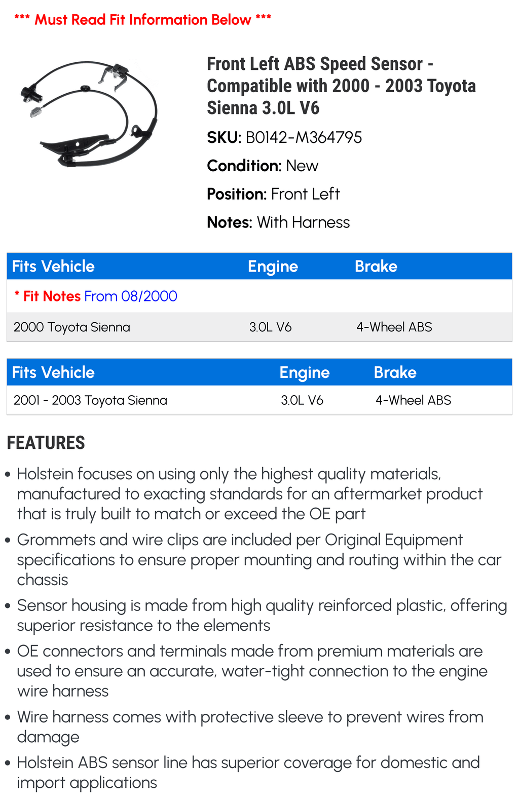 2003 with 2002 3.0L ABS Speed - Left Sensor 2001 Front V6 Toyota - Compatible Sienna 2000
