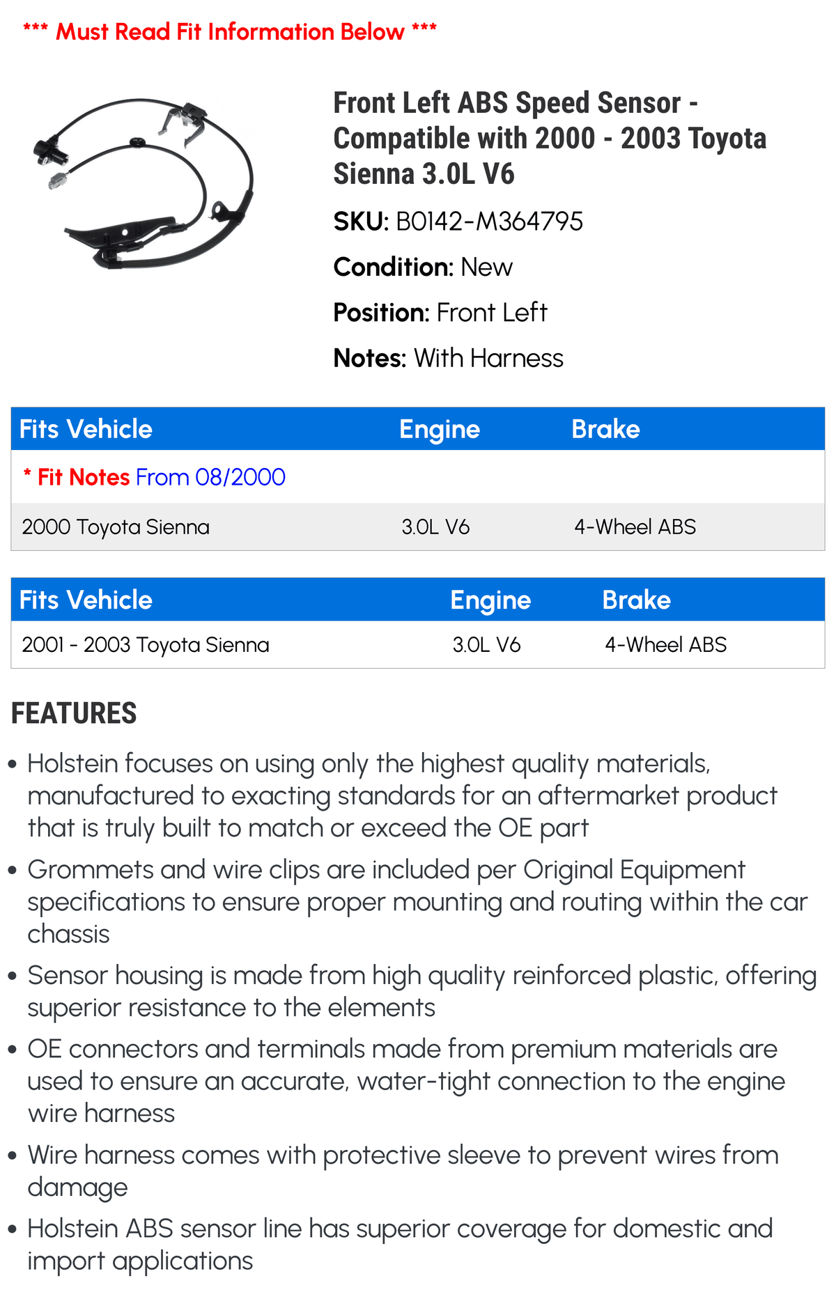 2003 with 2002 3.0L ABS Speed - Left Sensor 2001 Front V6 Toyota - Compatible Sienna 2000