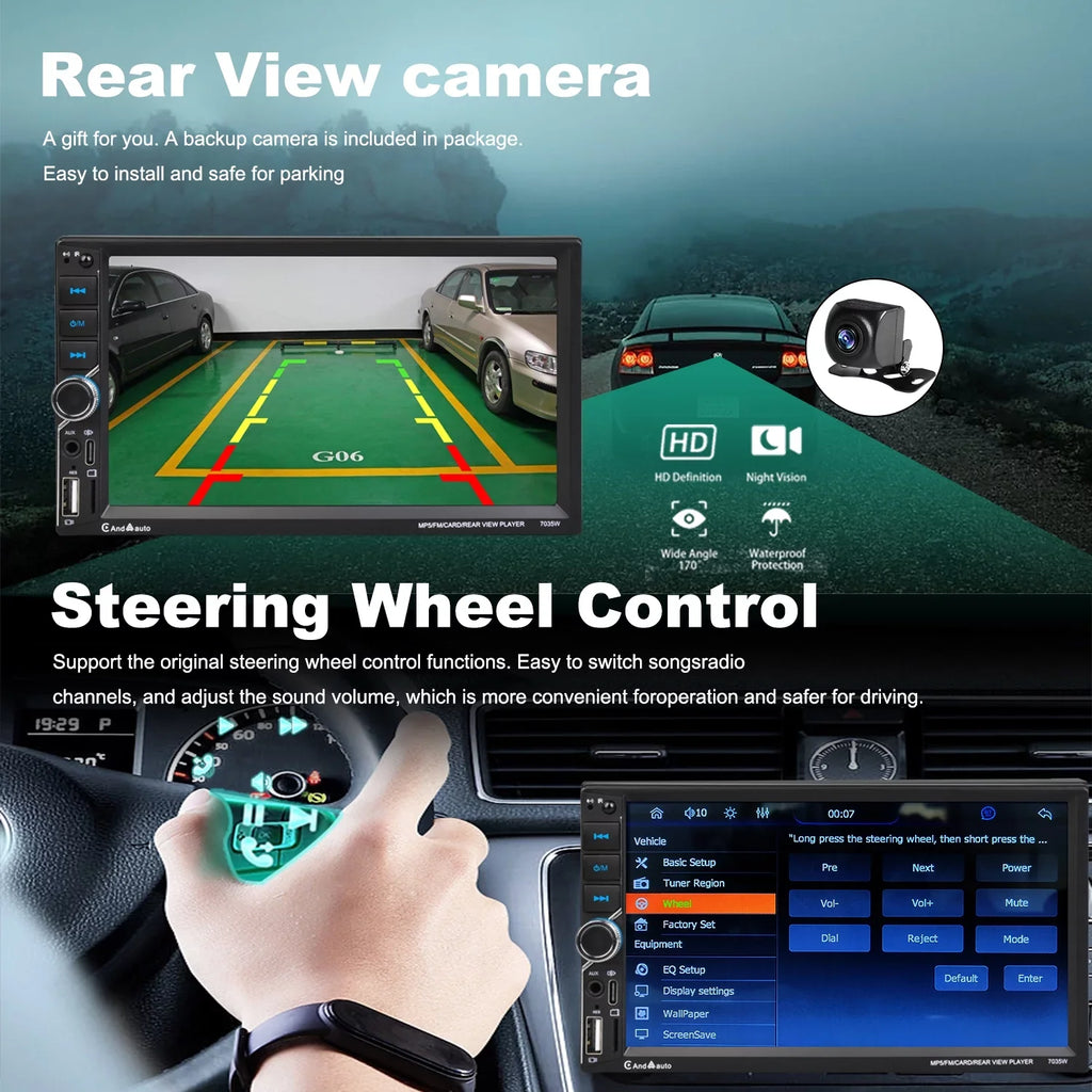 7" [Wireless] CarPlay Apple USB Android Double Rear Stereo Car Auto Touchscreen Bluetooth Radio AM/FM Din Camera