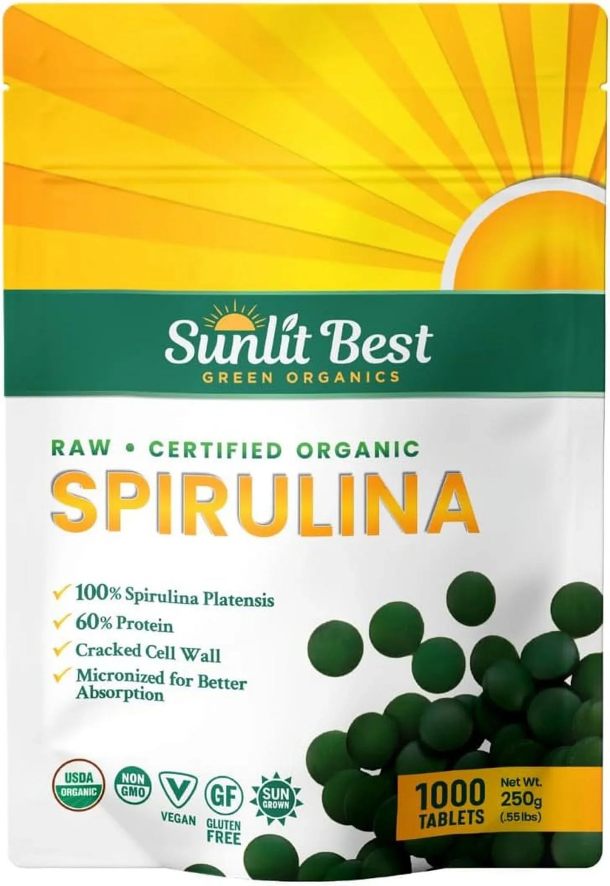 Non Gut 1000 USDA Tablet Drink Health Tablets Organic Supplements Chlorophyll, for Superfood Vegan & Sunlit Natural with Greens Best & Support, - Energy Tab - Protein GMO, Spirulina High Super Immune
