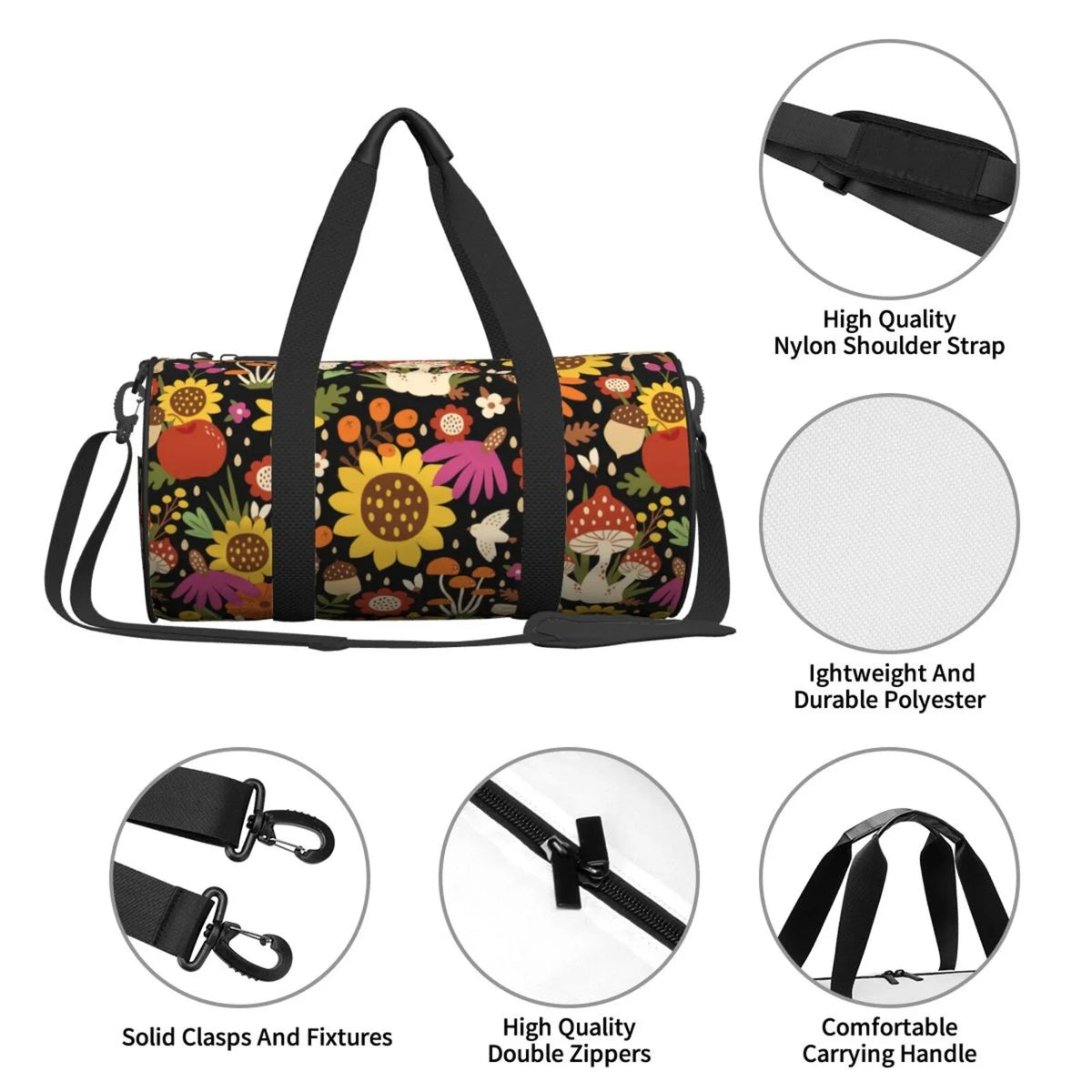Bag Coaee Pocket with Travel and Capacity Waterproof Sports Bag Cylinder Bag Compartment Large Luggage Sunflowers Gym Mushrooms