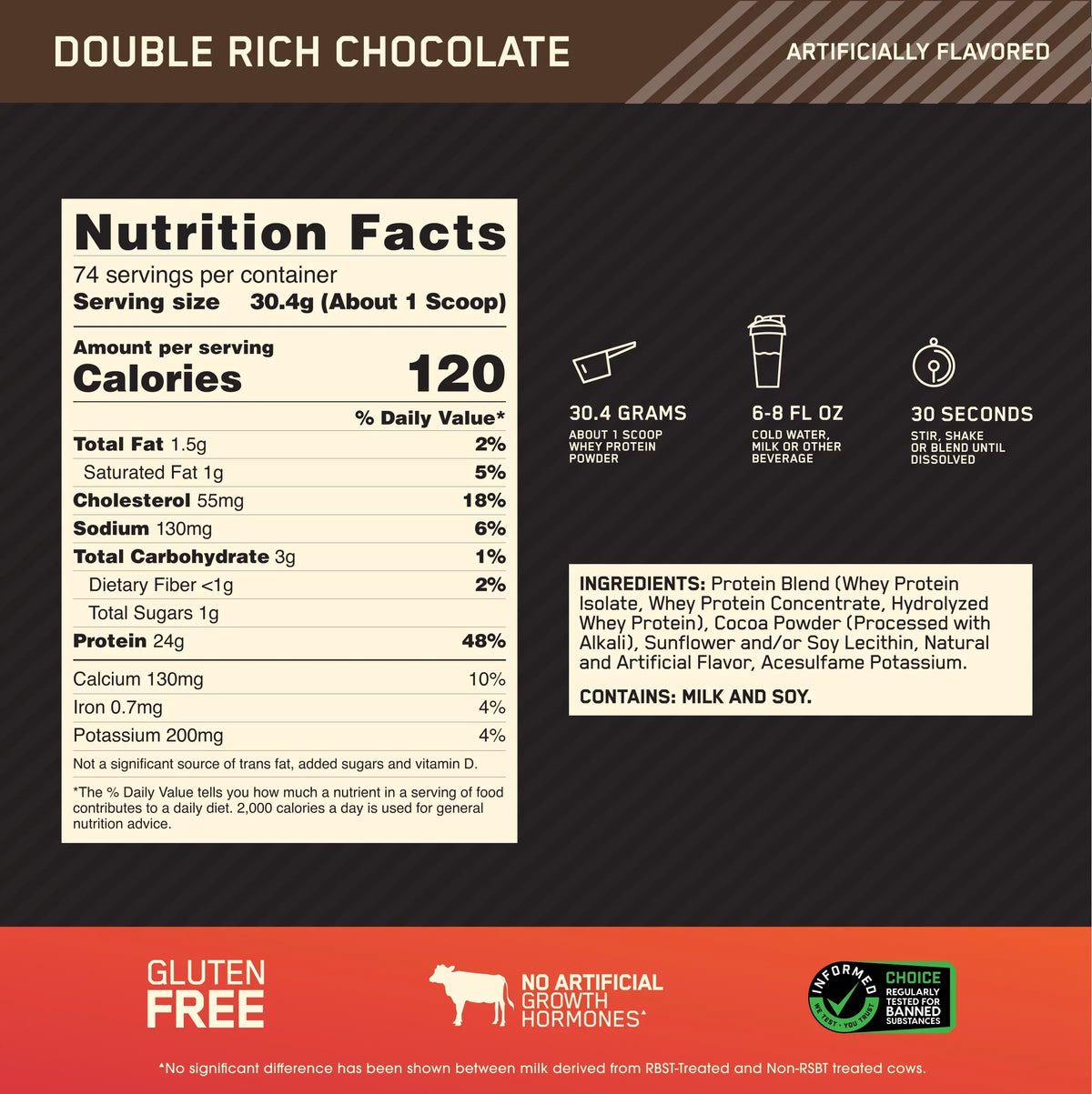 74 Standard Double Rich Powder, 5 Servings Optimum lb, Protein Whey Chocoalte, Gold 100% Nutrition,