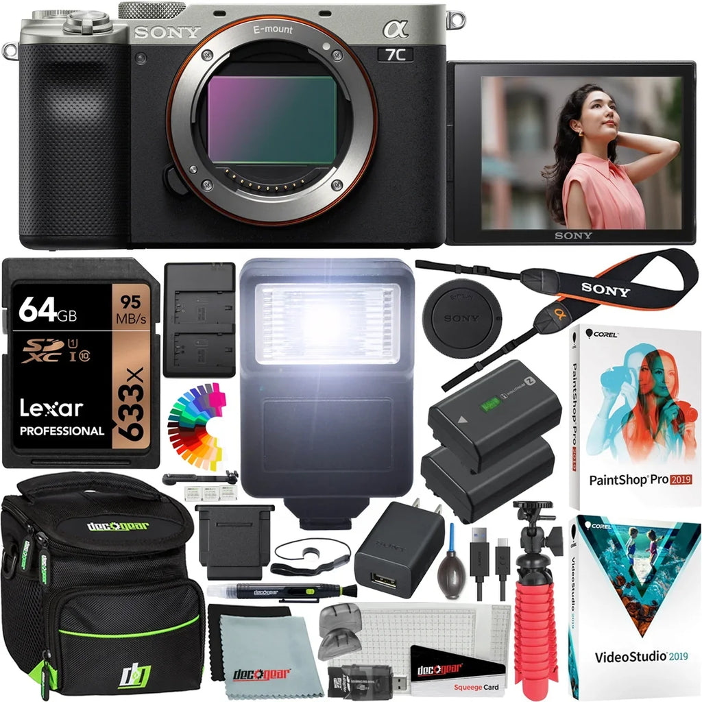 '+ Bundle ILCE7C/S a7C Case with Lens Alpha Extra Silver Body Gear Flash Filters Deco Interchangeable + + + Mirrorless Battery Accessories Full Only 7C and Frame 64GB Sony Card Kit + Camera Software