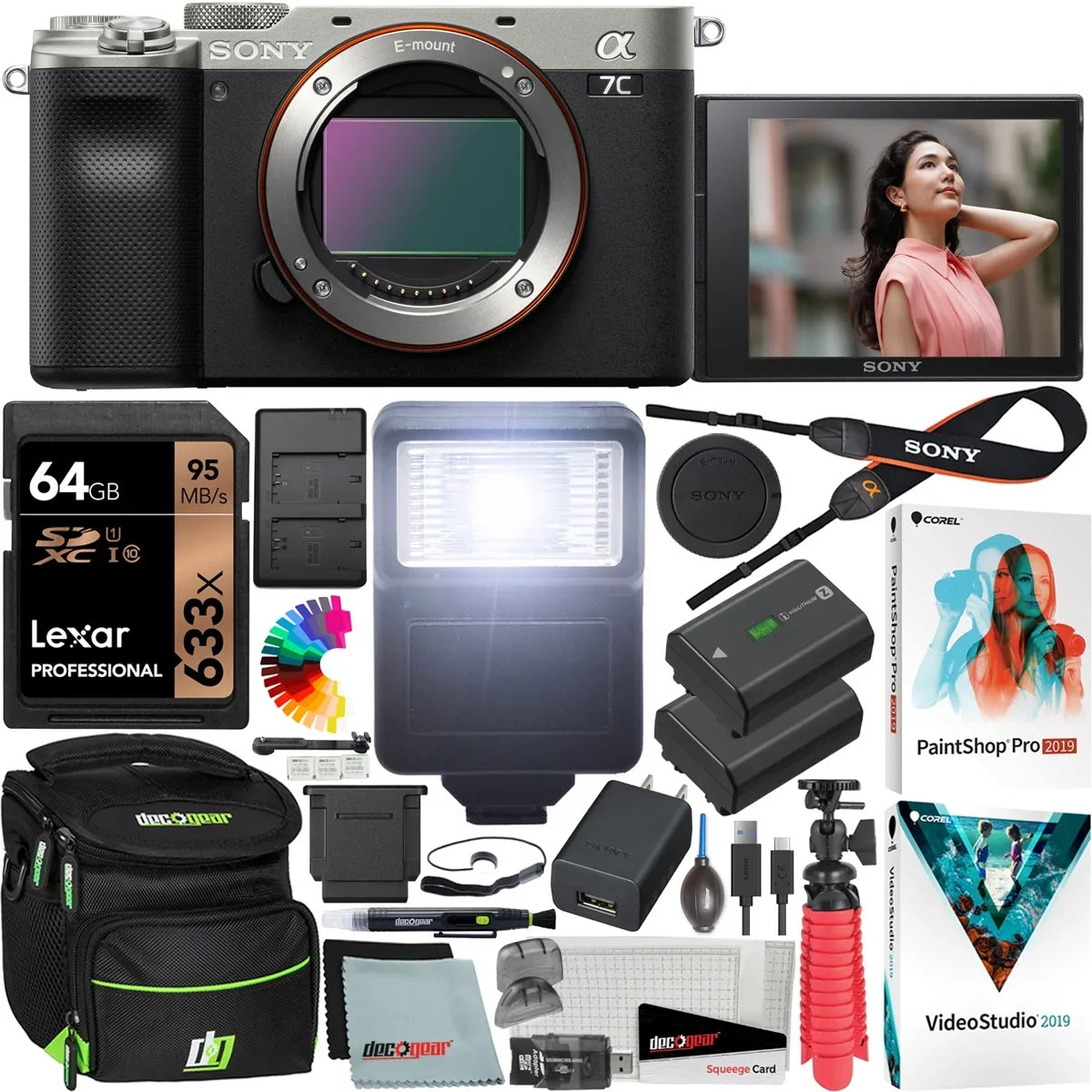 '+ Bundle ILCE7C/S a7C Case with Lens Alpha Extra Silver Body Gear Flash Filters Deco Interchangeable + + + Mirrorless Battery Accessories Full Only 7C and Frame 64GB Sony Card Kit + Camera Software
