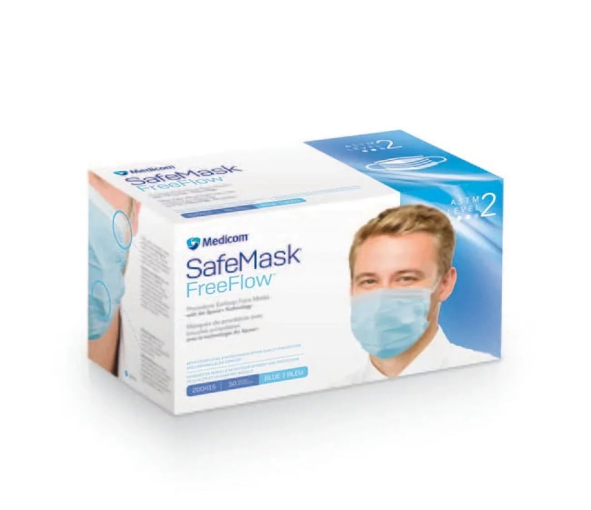 Level Masks Medicom 200415 ASTM Face 2 Blue 50/Bx Earloop SafeMask FreeFlow