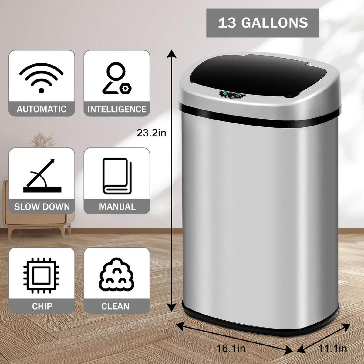 Automatic Trash Gallon Waste Steel Lid, Stainless with Motion Home, Mute 13 Office Garbage Designed Can Anti-Fingerprint Can Kitchen for with NiamVelo Sensor, Silver Bin & Touch-Free