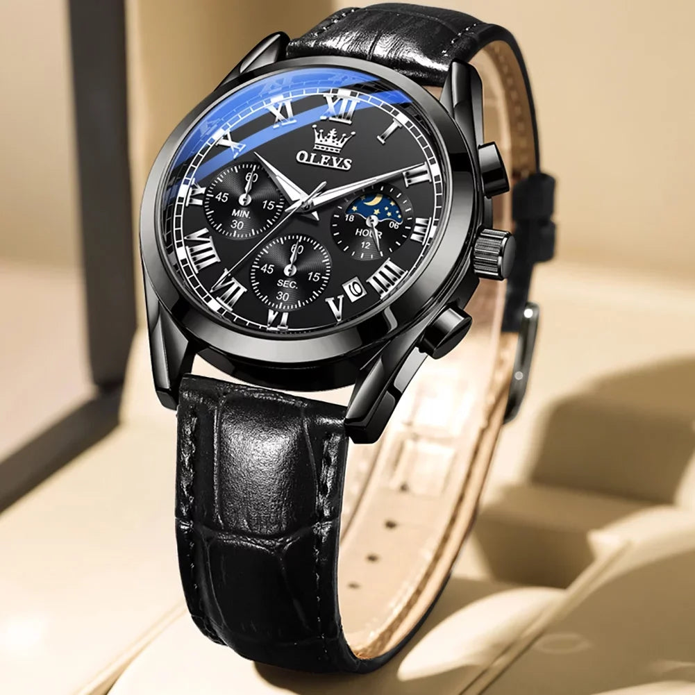Watches Business Male for Reloj, with Watches Sports Mens Luxury Analog Luminous OLEVS Quartz Men Classic Strap Leather Wristwatch Waterproof Chronograph