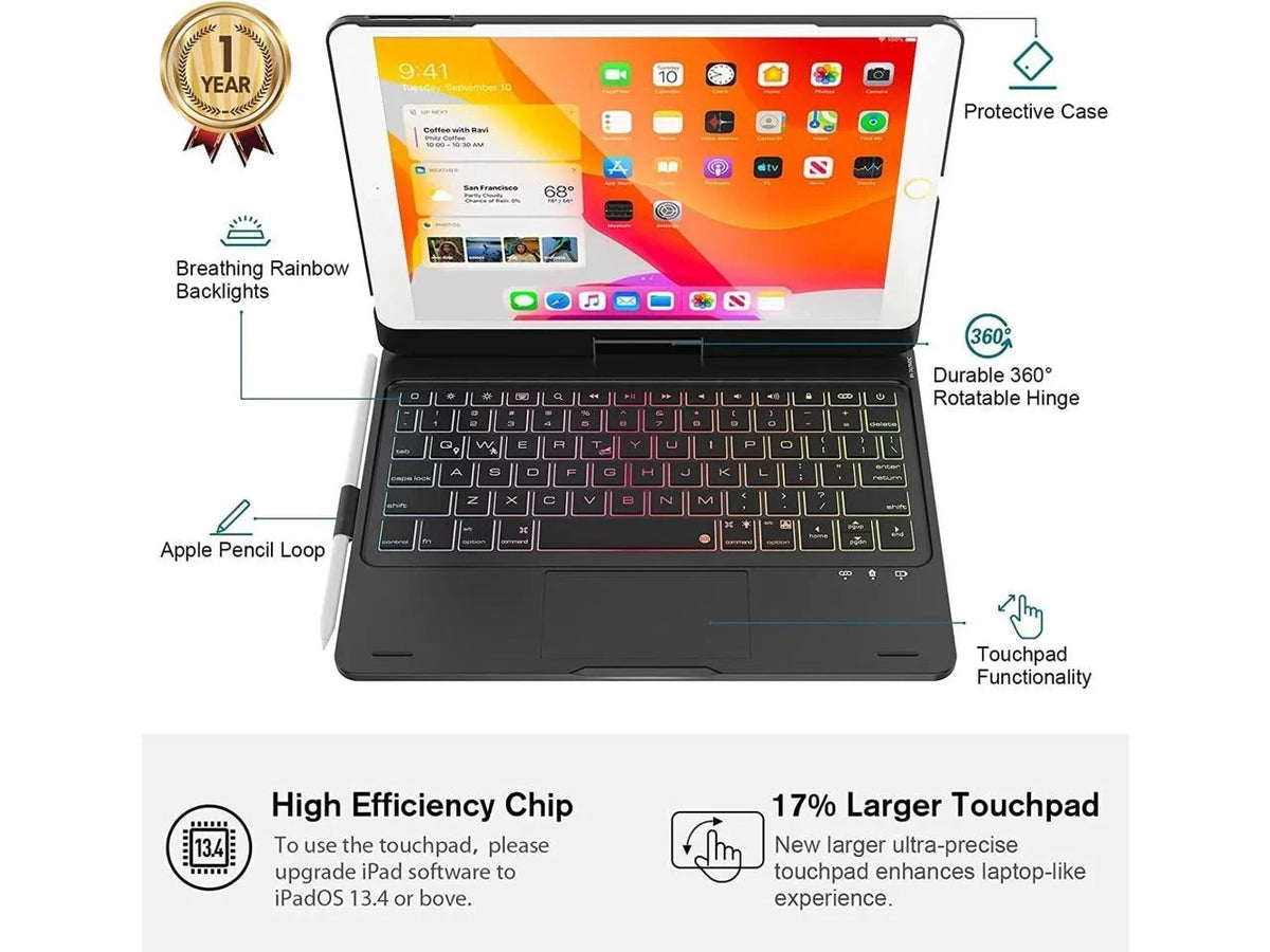 Gen inch and Keyboard 8th 3 9th 2019 Pro Air / Gen for case Touchpad Backlit Holder 2021/ Keyboard 7th Pencil Gen iPad with 10.2 2020/ 10.5, Rotatable iPad