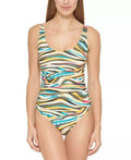 8 Side-Stripe US Ruched Mesh Swimsuit, MULTI One-Piece DKNY